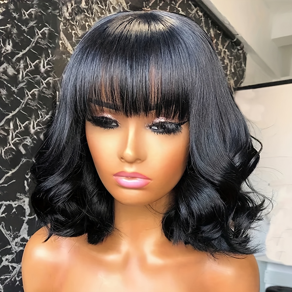 Human Hair Bob Wigs With Bangs Temu Canada