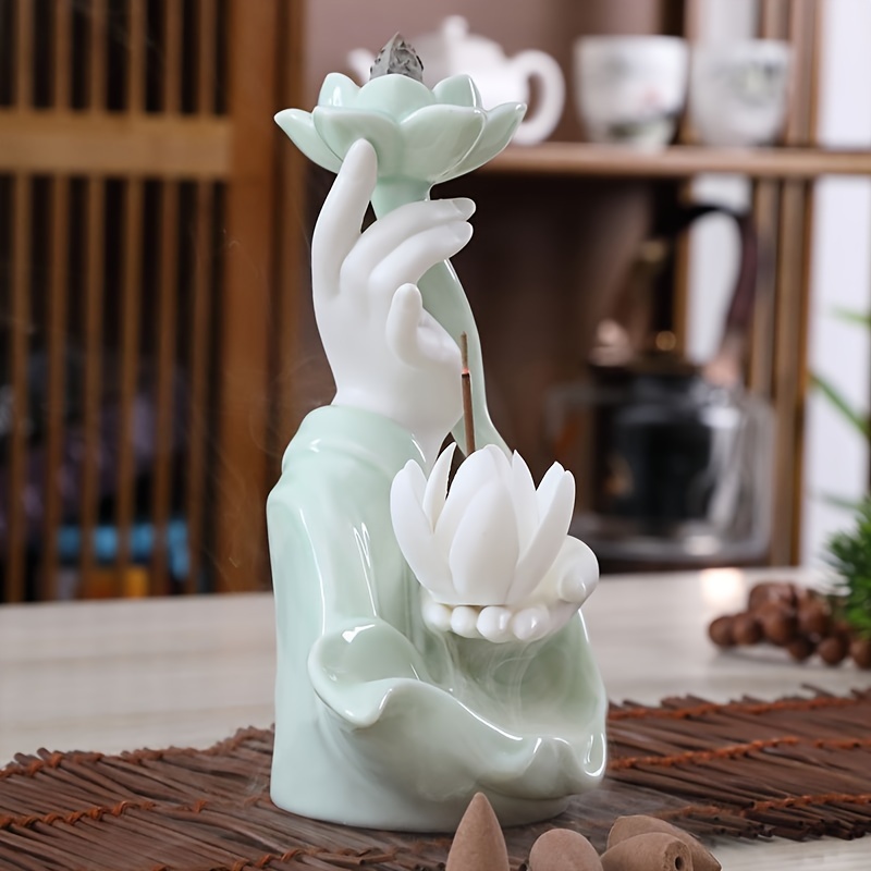 Redson Backflow Incense Burner,Lotus Hand,Ceramic,Home Decor/Temple  Decor/Office Decor/Tea Room Decor,10 Free Cones (Incense Burner 1)