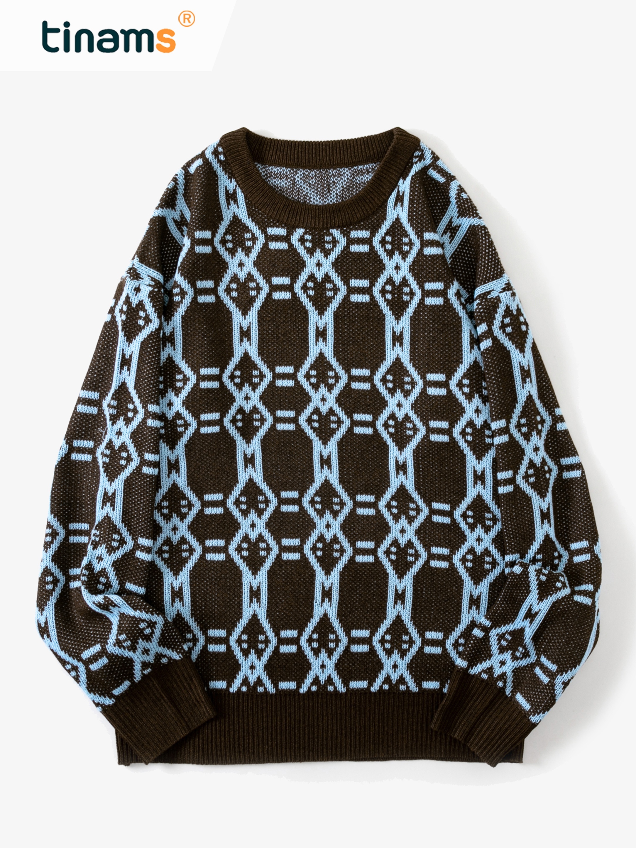 Multicolored Geometric Motif Pullover Crew Neck Sweater - Jacquard