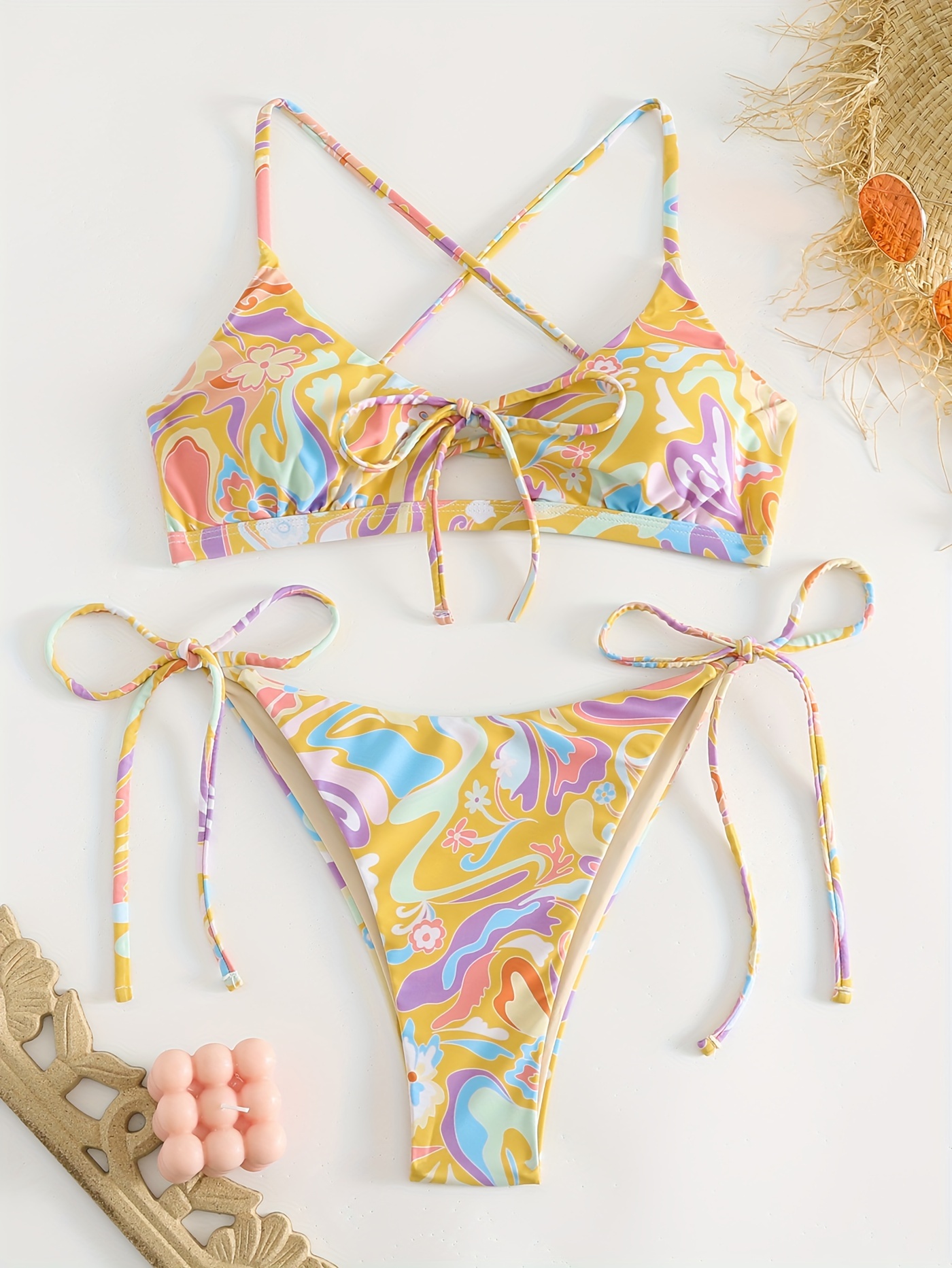 Hollow Out Lace Tie Side 2 Piece Set Bikini, Triangle Backless Meiudm  Stretch Swimsuits, Women's Swimwear & Clothing