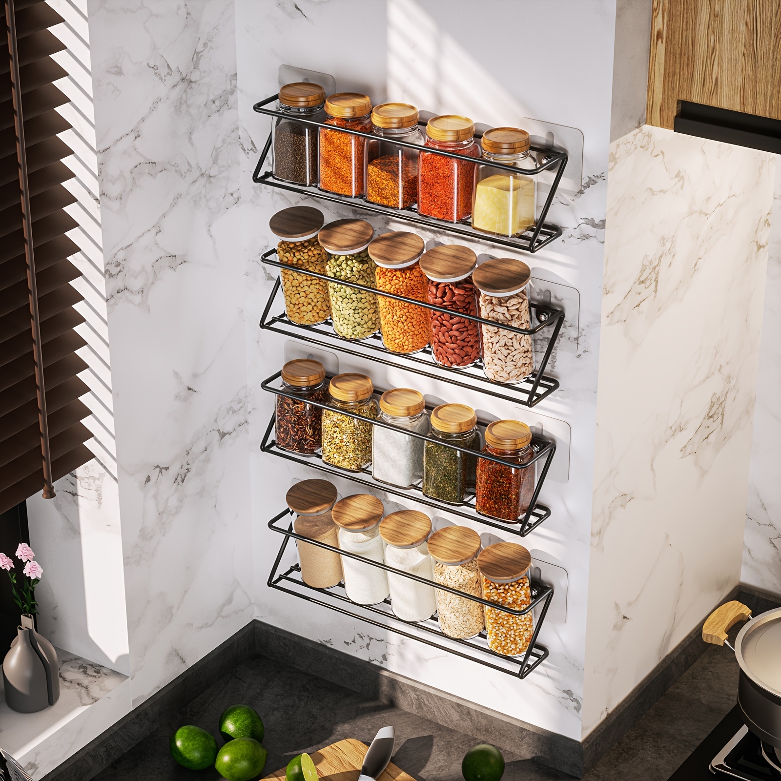 Talented Kitchen 4 Stainless Steel Spice Racks Wall Mount Organizer for  Wall and Cabinet Door with 24 Pcs 4oz Glass Spice Jars, 269 Preprinted Seasoning  Labels (2 Styles)