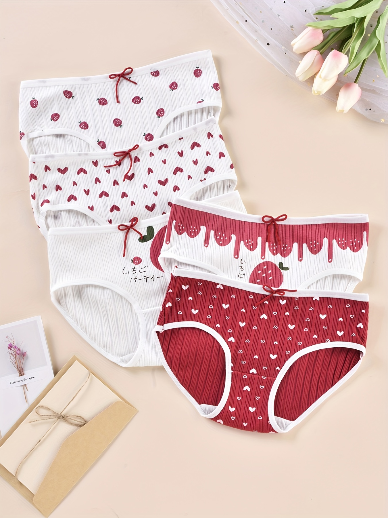 Strawberry Heart Print Bikini Panties Breathable Waist - Temu Canada