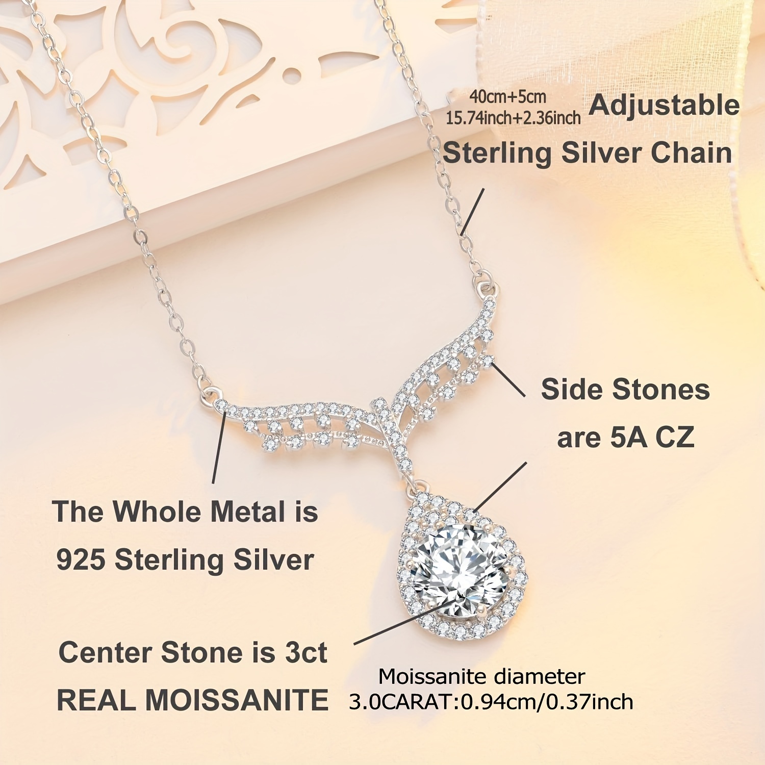 Moissanite 925 Sterling Silver Angel Wing Necklace Clavicle - Temu