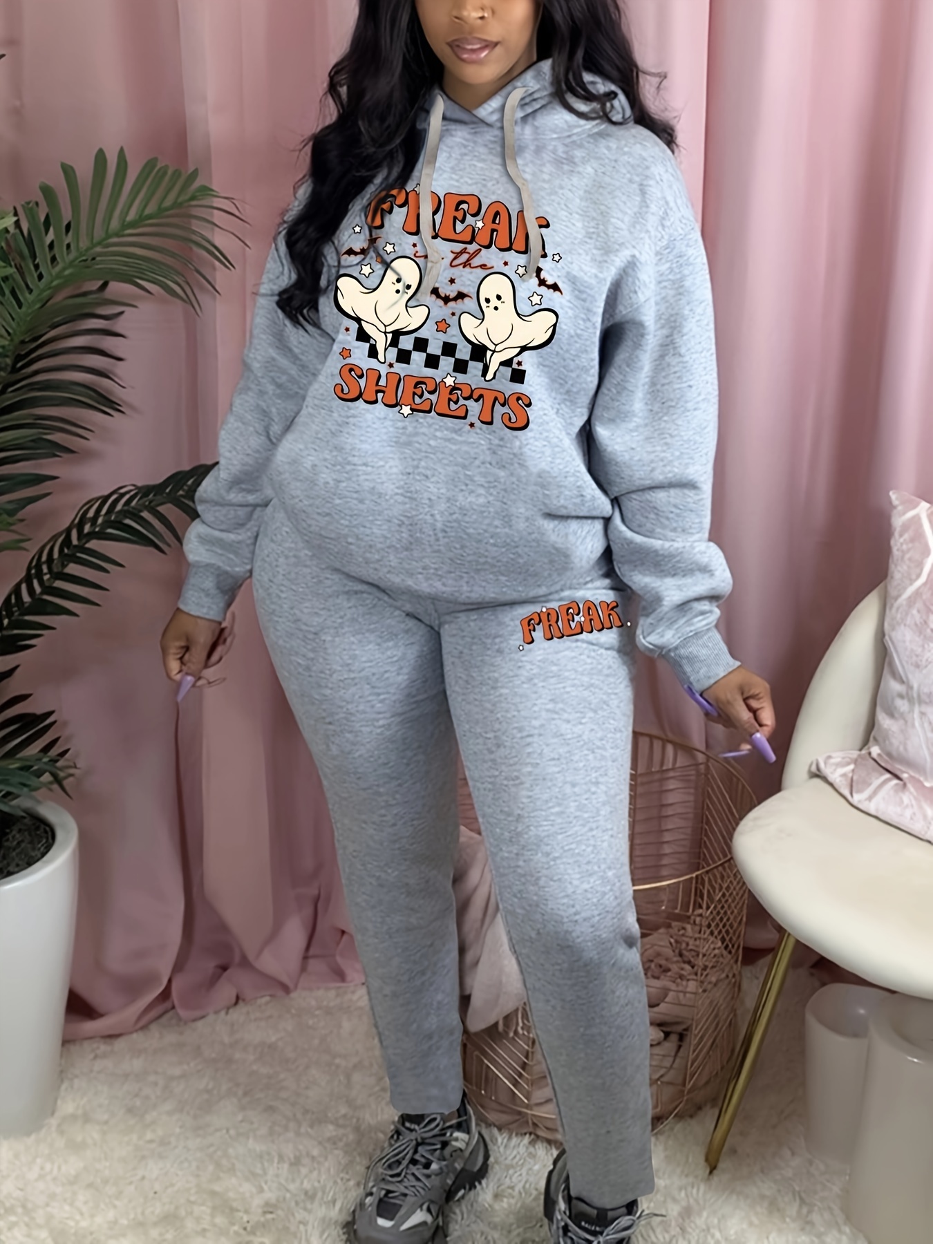 Plus Size Letter Print Sweatshirt Sweatpants Set Women's - Temu