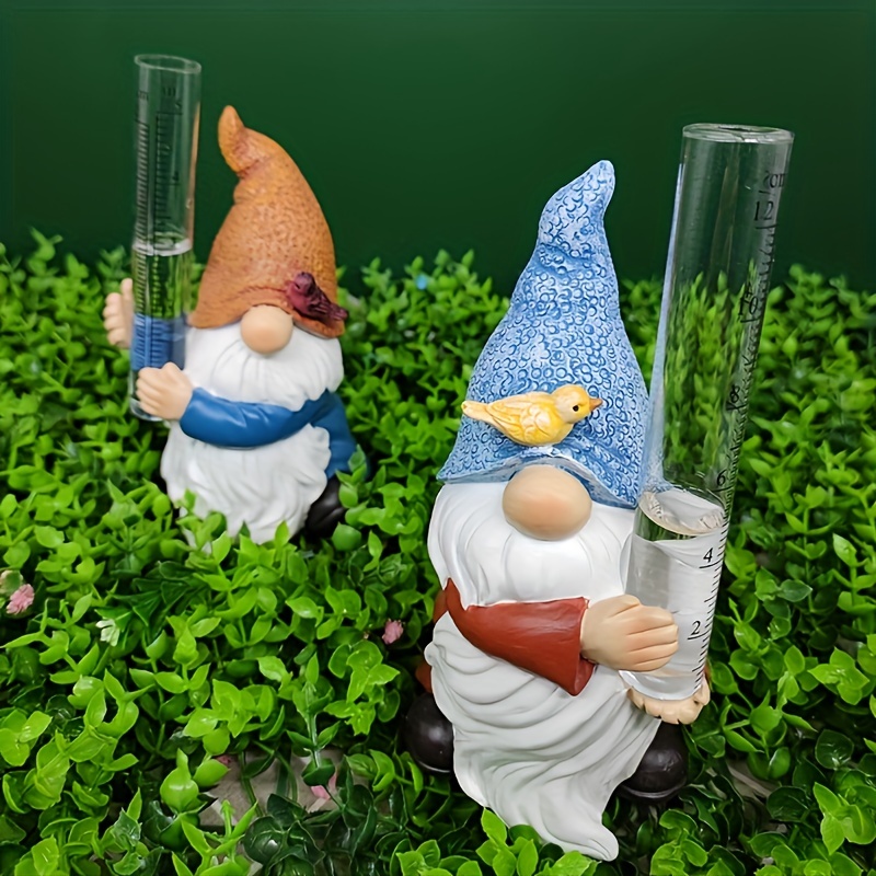 Jauges de pluie Gnome Garden Statue Décoration avec deux tubes de jauge de  pluie en verre, résine peinte à la main