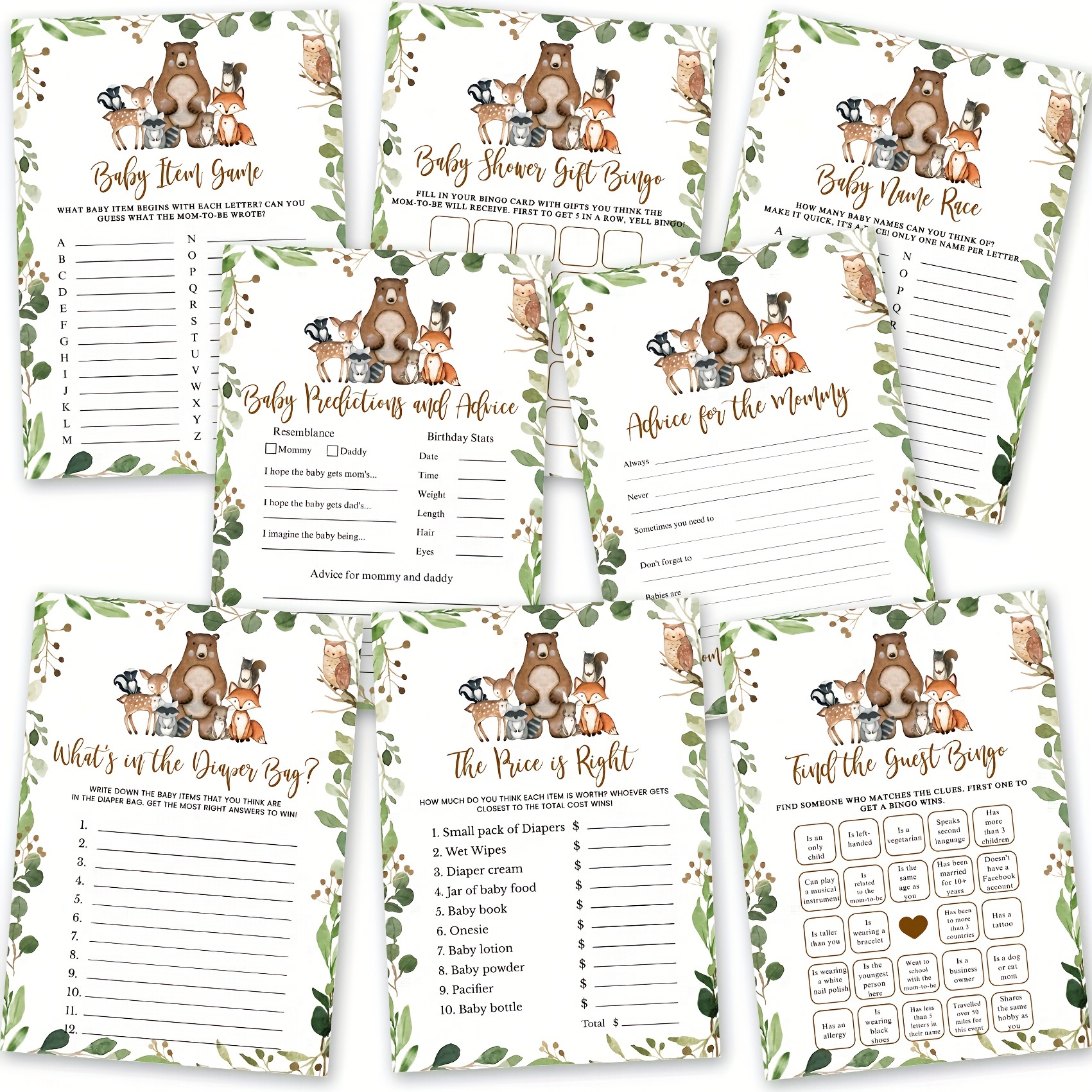 

40pcs Woodland Baby Games Gender Neutral - 8 Games Double Sided, Including Baby Item Game,baby Shower Gift Bingo,baby Name Race,baby Predictions And Advice,what's In The Diaper Bag Etc Easter Gift