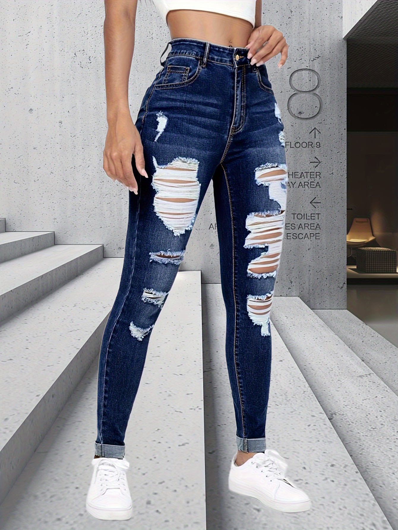 Fashion Hole Jeans Women High Waist Ripped Blue Denim Slim Skinny