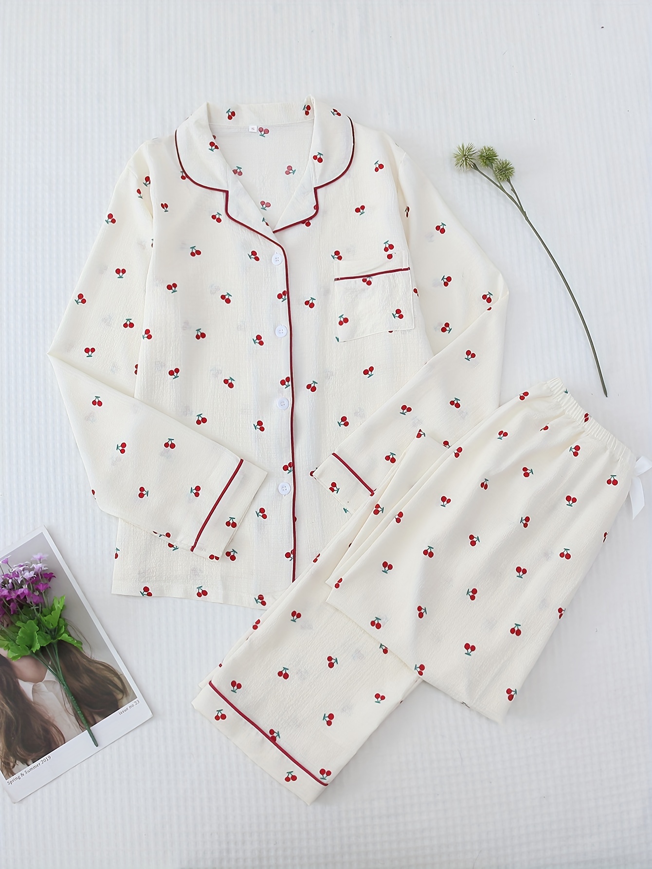 Qtinghua Pajama Set for Women Cute Cherry Print Short Sleeve Tee and Shorts  Lounge Sleepwear Pink L 