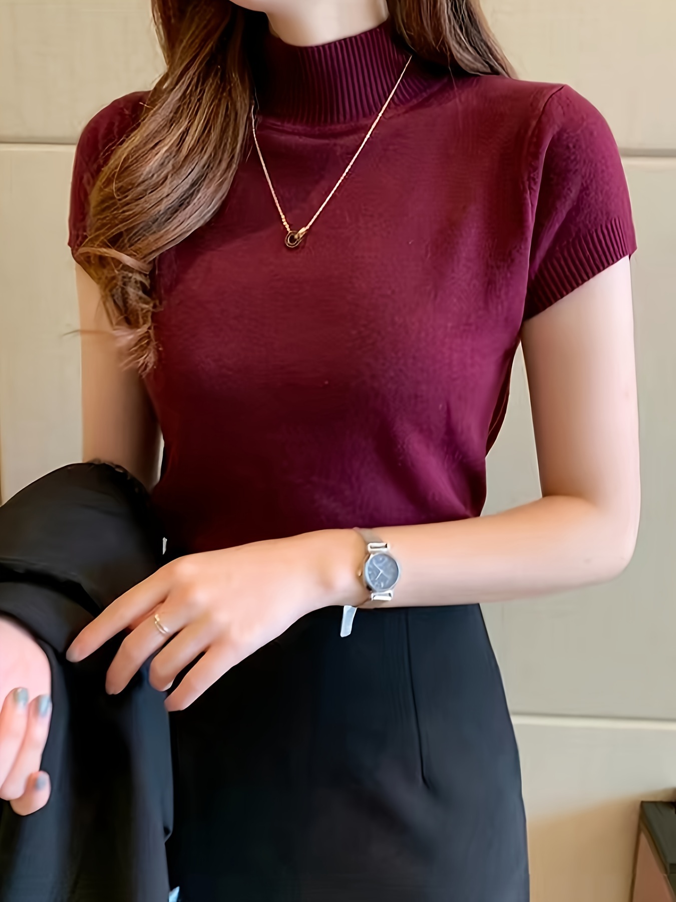 New Style Knitted Versatile Design Half-High Collar Short Sleeve Thin Pullover