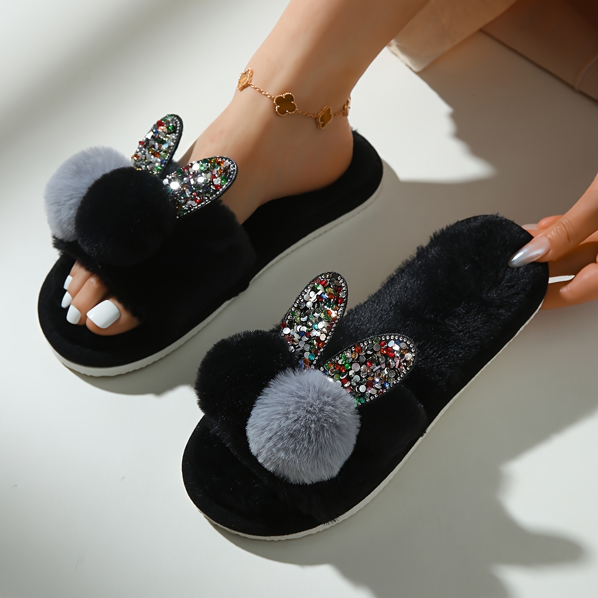 

Cute Bunny Plush Slippers, Open Toe Soft Sole Fuzzy Flat Shoes, Cozy & Warm Winter Home Floor Slippers