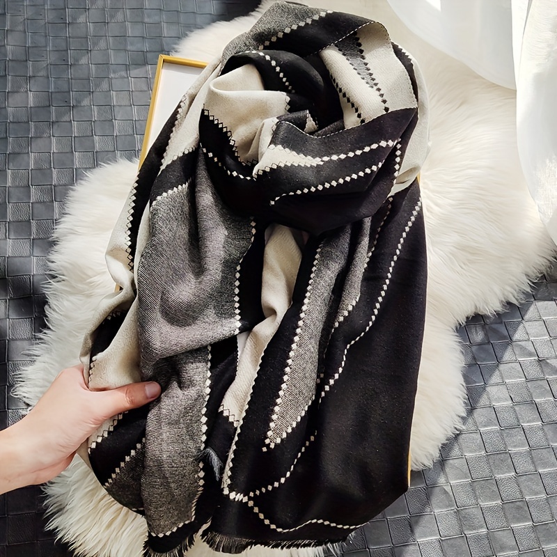 Classic Black White Pattern Scarf Vintage Warm Stretch Wrap Shawl Autumn  Winter Coldproof Neck Protection Long Scarf Shawl - Temu