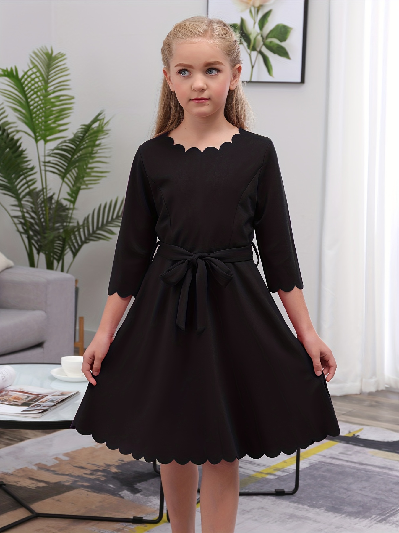 Elegant Dress Bow Belt Girls Solid A line Dresses Party - Temu Canada