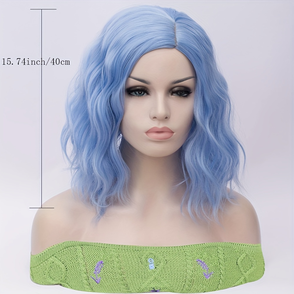 Synthetic Sky Blue Wig Short Wave Hair Shoulder length Wave Wig Suitable For Women s Role playing Parties