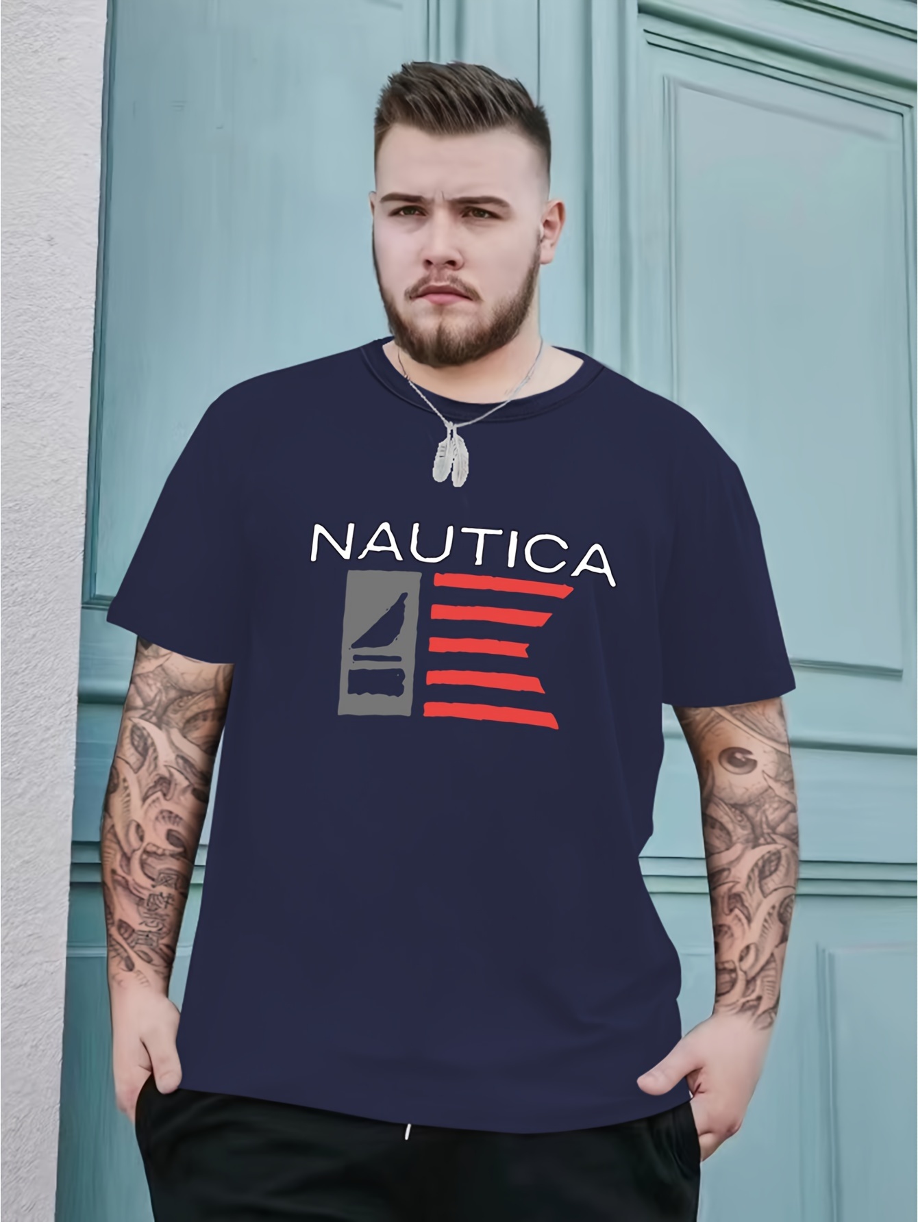 PLUS SIZE Men's NAUTICA Print T-Shirt, Comfy Stretchable Casual Crew Neck  Tops, Men's Clothing