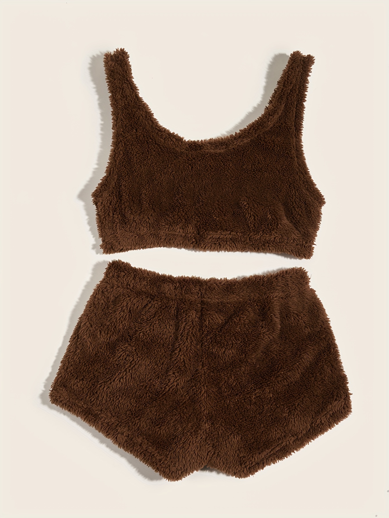 Solid Fuzzy Pajama Set Crew Neck Tank Top Elastic Waistband - Temu