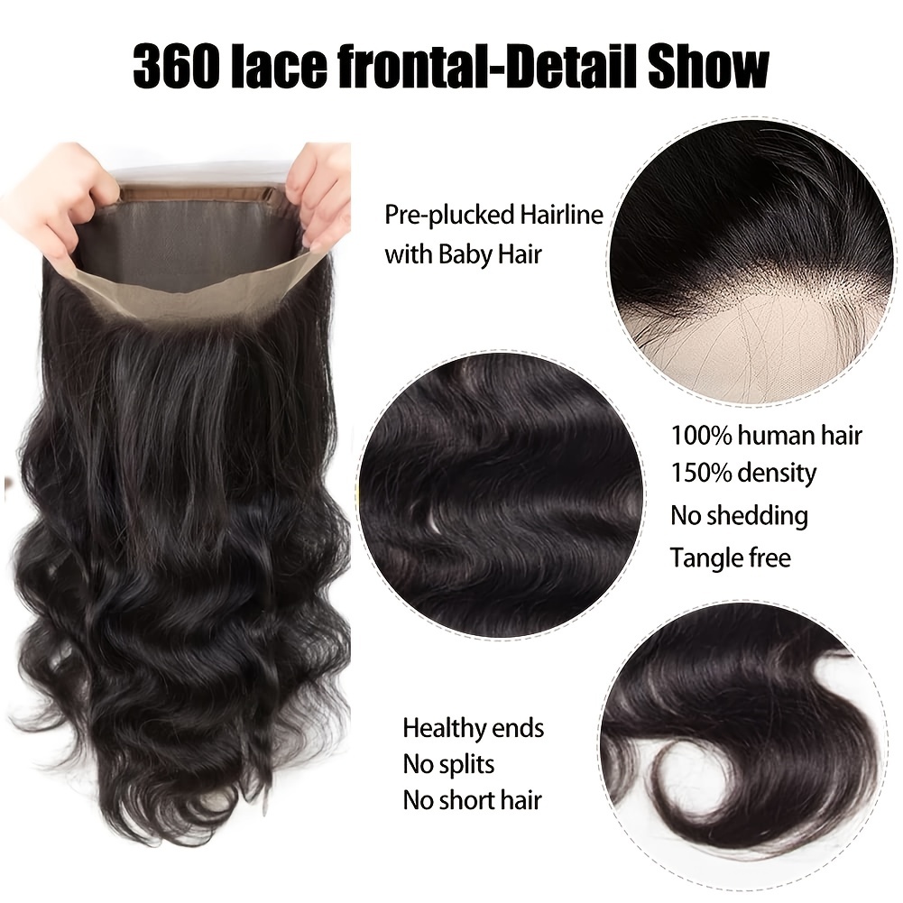 360 Body Wave Lace Frontal Wigs Human Hair Brazilian Black Women 150%  Density Pre Plucked With Baby Hair 100% Unprocessed Virgin Human Hair (16  inch)