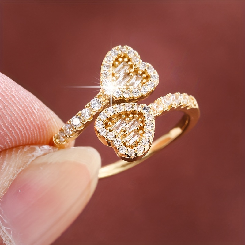 

Glitter Symmetrical Heart Design Inlaid Zircon Copper Open Adjustable Ring For Women