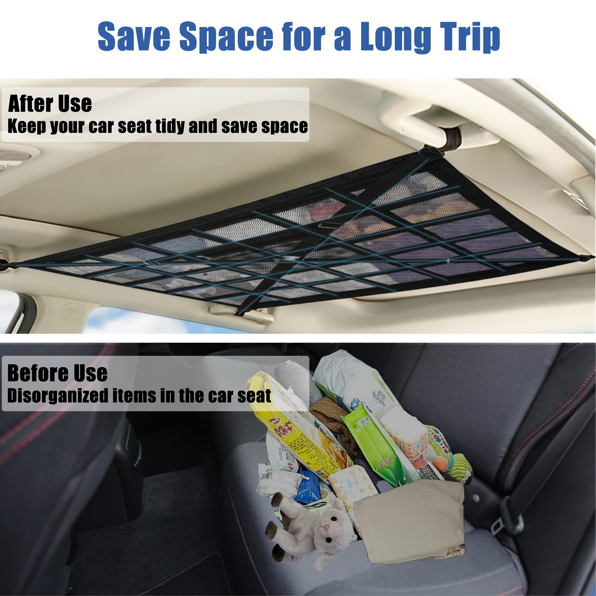 Car Interior Ceiling Cargo Net Bag, 35x25 Adjustable Double-Layer Mesh  Roof Organizer with 4PCS Car Seat Hooks, Zipper and Drawstring Design