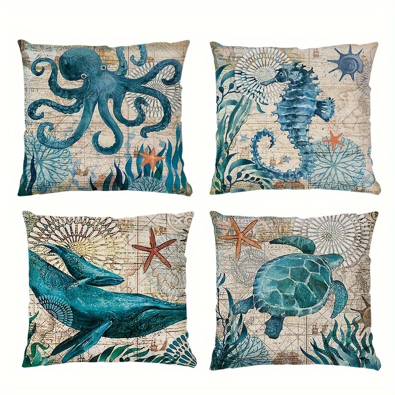 

4pcs Marine Life Style Throw Pillowcases, Sea Animal Seahorse Whale Octopus Turtle Decorative Cushion Cover, Home Decoration, Office Cushion Decoration, Spring And Summer Pillowcase 18*18 Inches