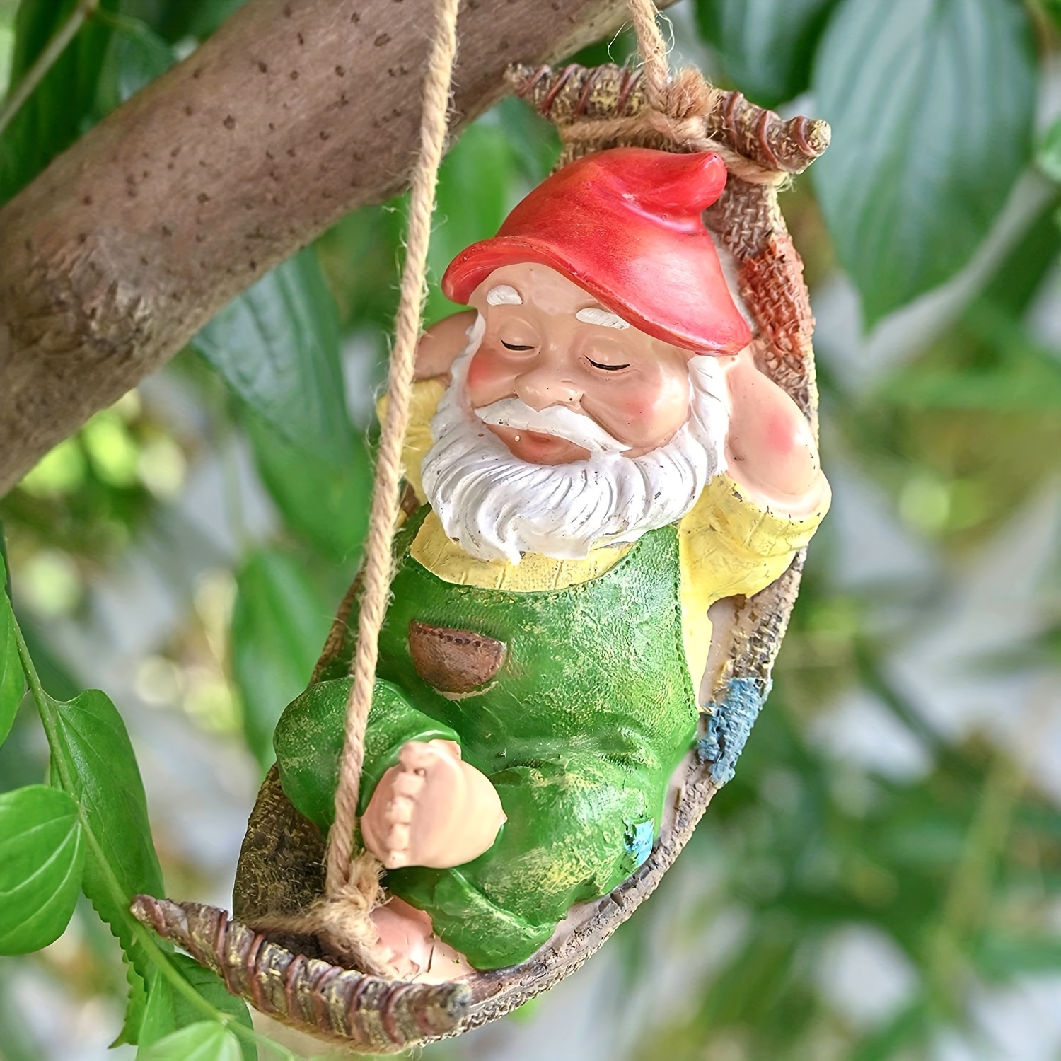 

1pc Cute Garden Gnomes Decorations For Yard Hanging Statues Outdoor Gifts, Sleepy Gnome In Swing Leaf Hammock Resin Tree Ornaments Figurines For Stump Branch Lawn Patio Decor