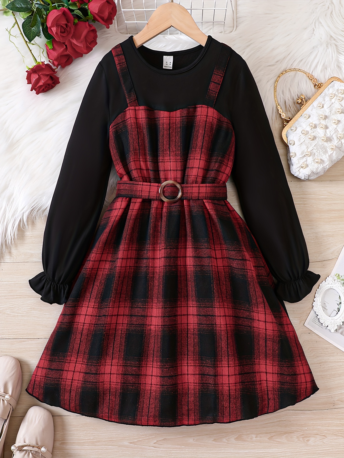 Girl Retro Plaid Suspendar Spliced Long Sleeve Tunic Dress For Classic &  Casual Look, Tween Girls Clothing For Fall/ Spring