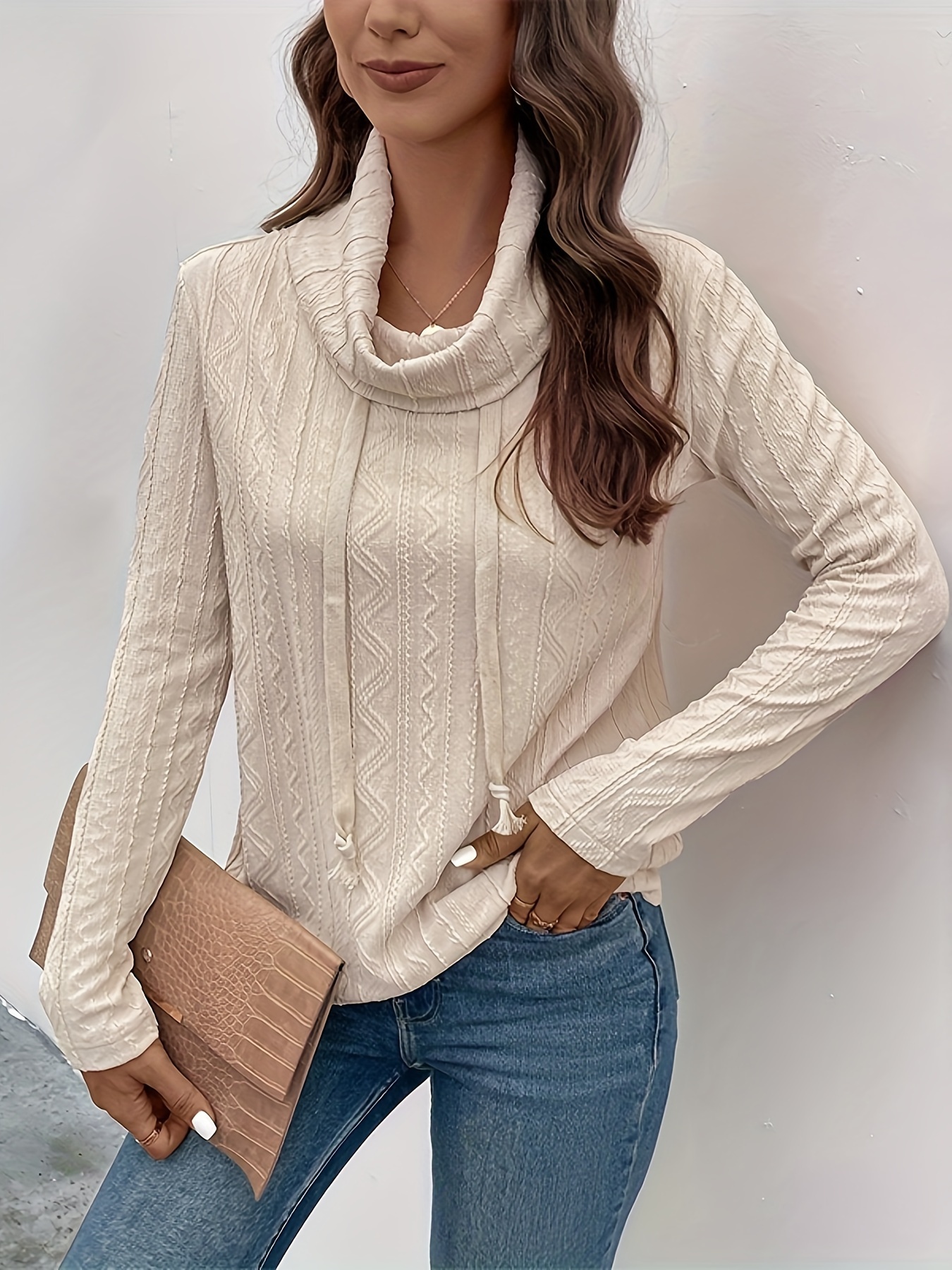 Tall Textured Cowl Neck Long Sleeve Top