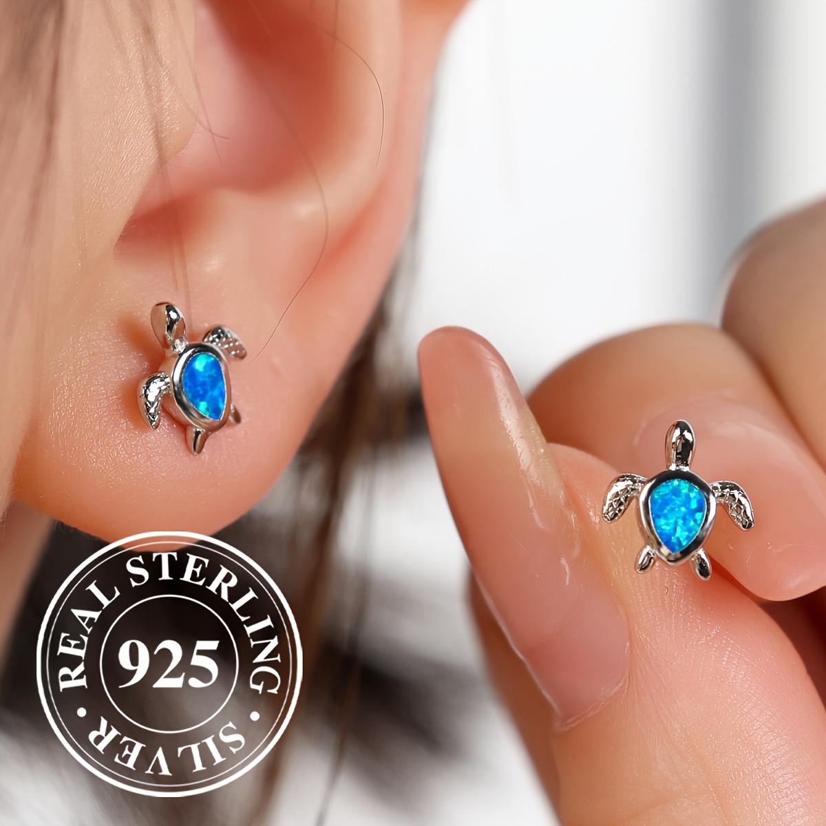 

Mini Turtle Design Stud Earrings 925 Sterling Silver Hypoallergenic Jewelry Opal Inlaid Bohemian Elegant Style Female Gift