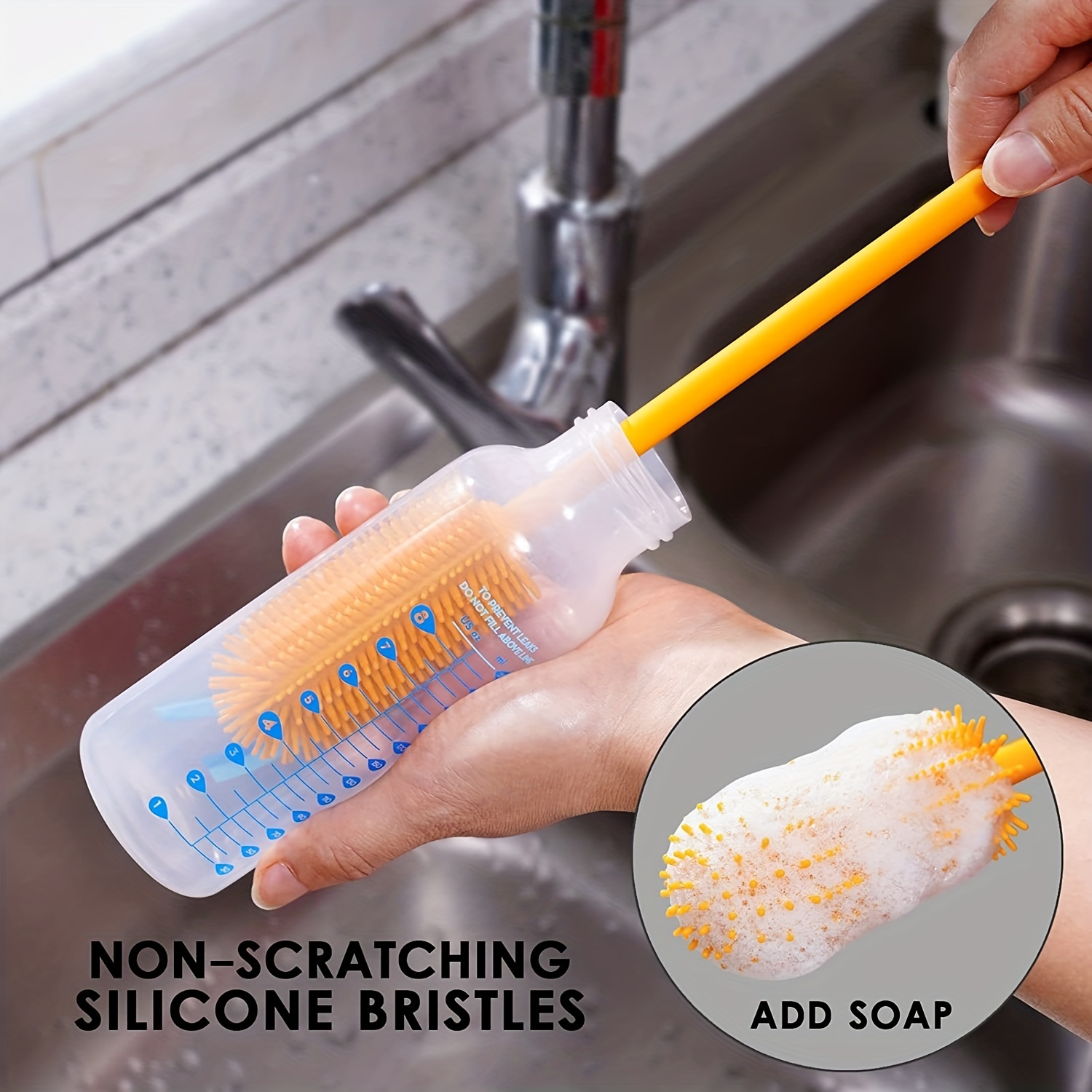 Brosse de nettoyage en silicone avec biberon à long manche, 31 cm sans BPA,  pour biberon