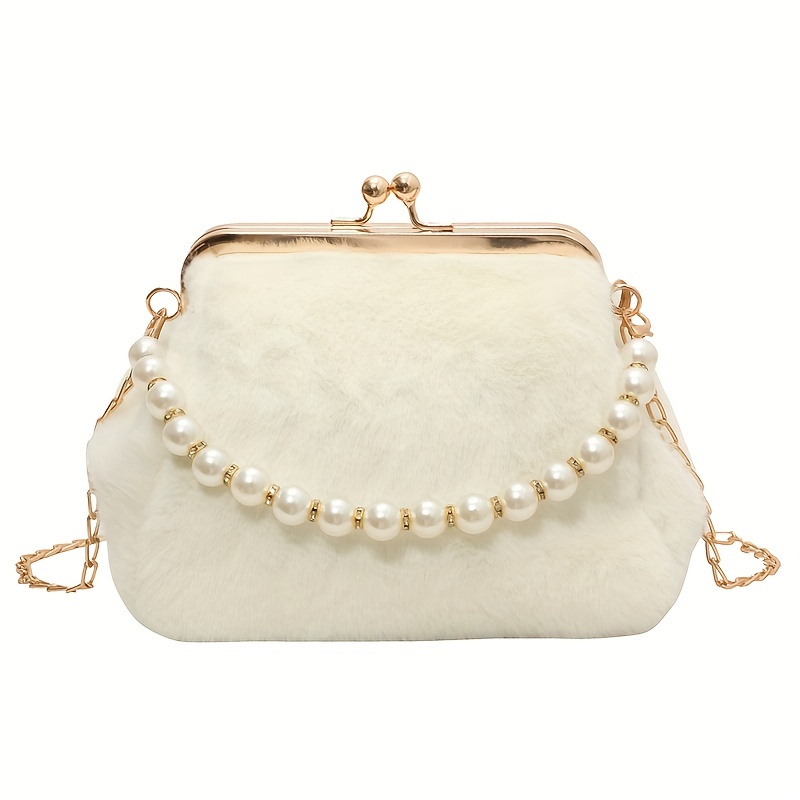 Faux Pearl Handle Versatile Handbag Stylish Kiss Lock Solid - Temu