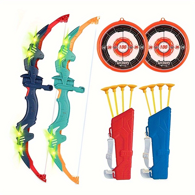 Arco y flecha para niños de 4-6-8-12 años, juego de juguetes de tiro con  arco para niños con luces LED, incluye 2 arcos, 20 flechas de ventosa, 2