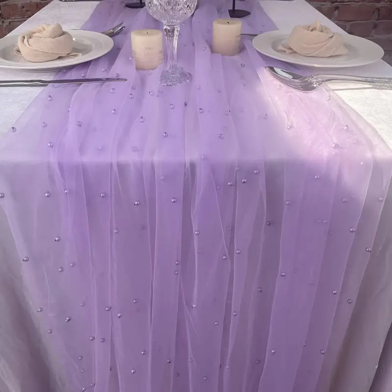 1pc, Pearl Chiffon Table Runner, Wedding Arch Decorations, Bridal Shower  Table Decor, Fabric Romantic Pearl Lace Table Runner For Events, Chiffon  Tull