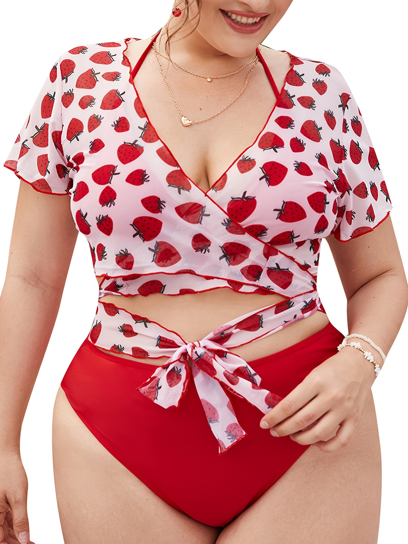 Plus Size Strawberry Print Halter Neck Bra & Top & Panties Swimsuit Set,  Women's Plus High Stretch 3pcs Set