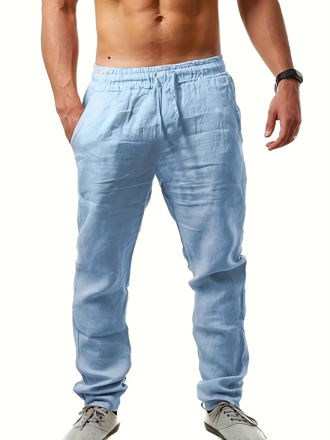 Light Blue Pants For Men Male Casual Solid Pant Short Full Length Straight  Pant Short Drawstring Pocket Fashion Pant Trousers 