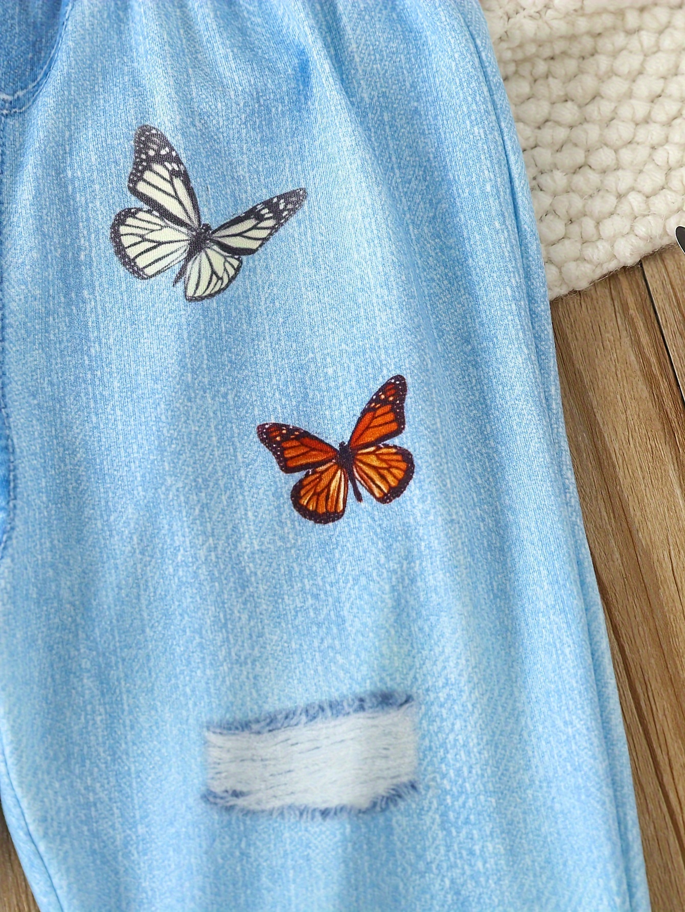 Girls Casual Cute Colorful Butterfly Imitation Denim Print - Temu