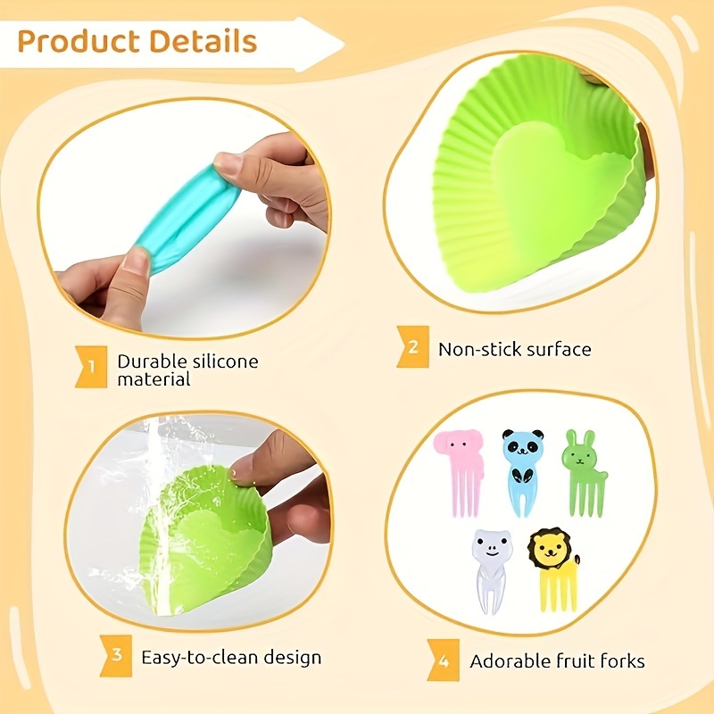 40pcs/set, 30pcs Silicone Lunch Box Divider Bento Box Accessories Silicone  Cupcake Liner, Bento Box Accessories With 10 Pcs Fruit Fork, Dessert Fork H