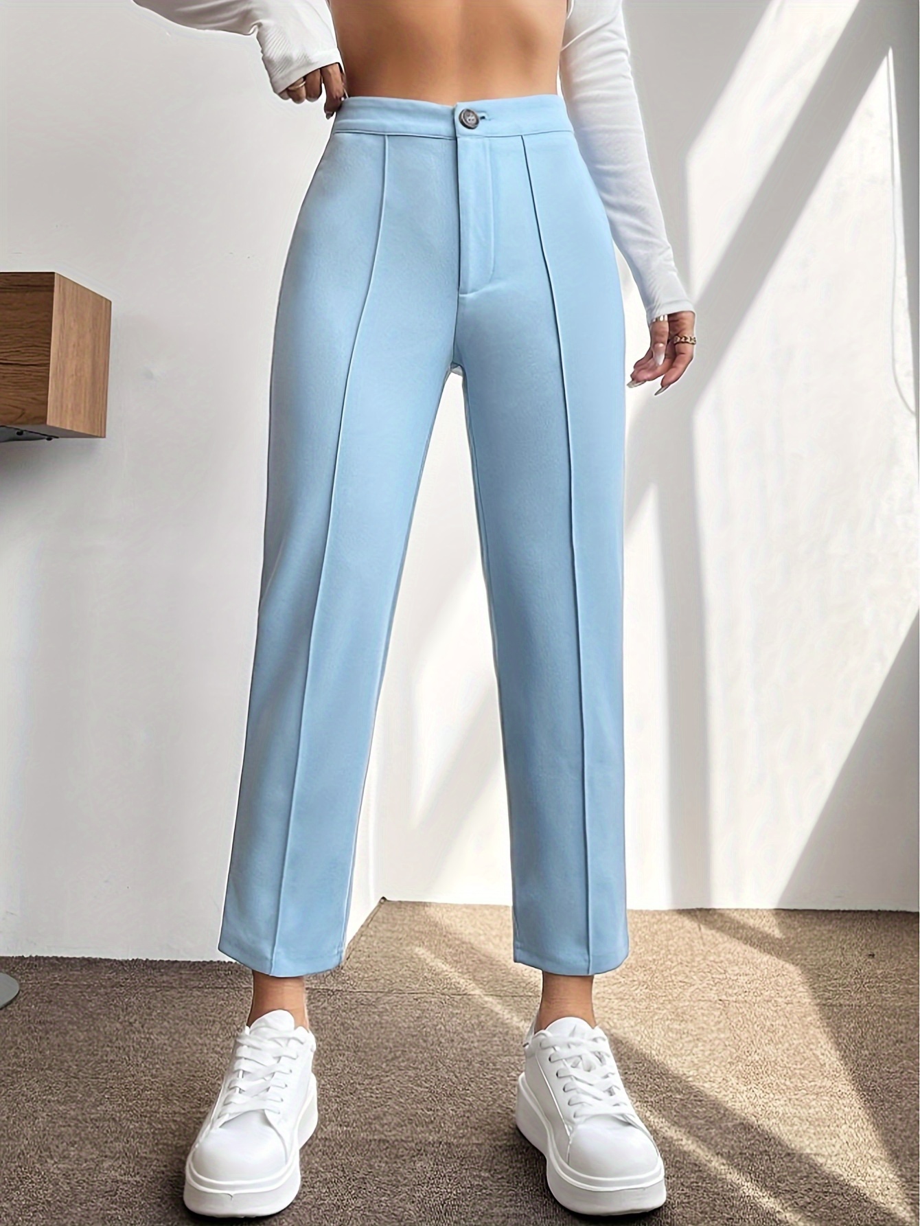 Solid Color Tapered Pants Business Casual High Waist Pintuck - Temu  Australia