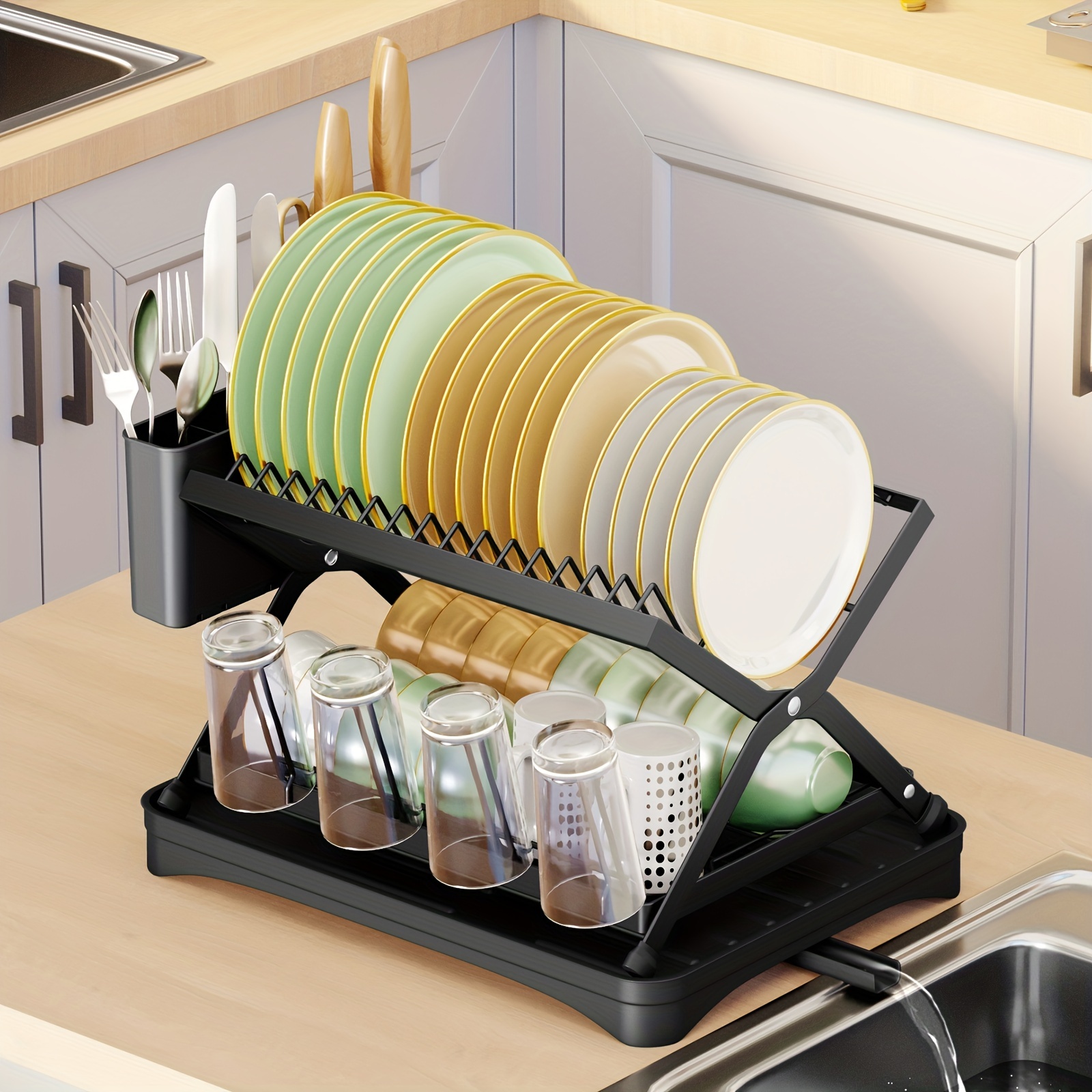3 Tier Dish Rack With Cutlery Cup Plates Holder And Sink - Temu