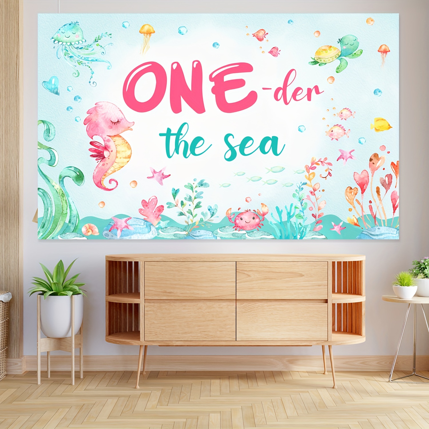 1PC Shallow Lake Blue 1-Year-Old Girl's Birthday Underwater World Theme  Background With Seahorse, Jellyfish, Crab, And Turtle Animal Patterns  Printed