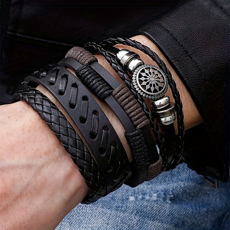

4pcs/set Fashionable Vintage Leather Woven Handmade Bracelet Men Charm Bracelets