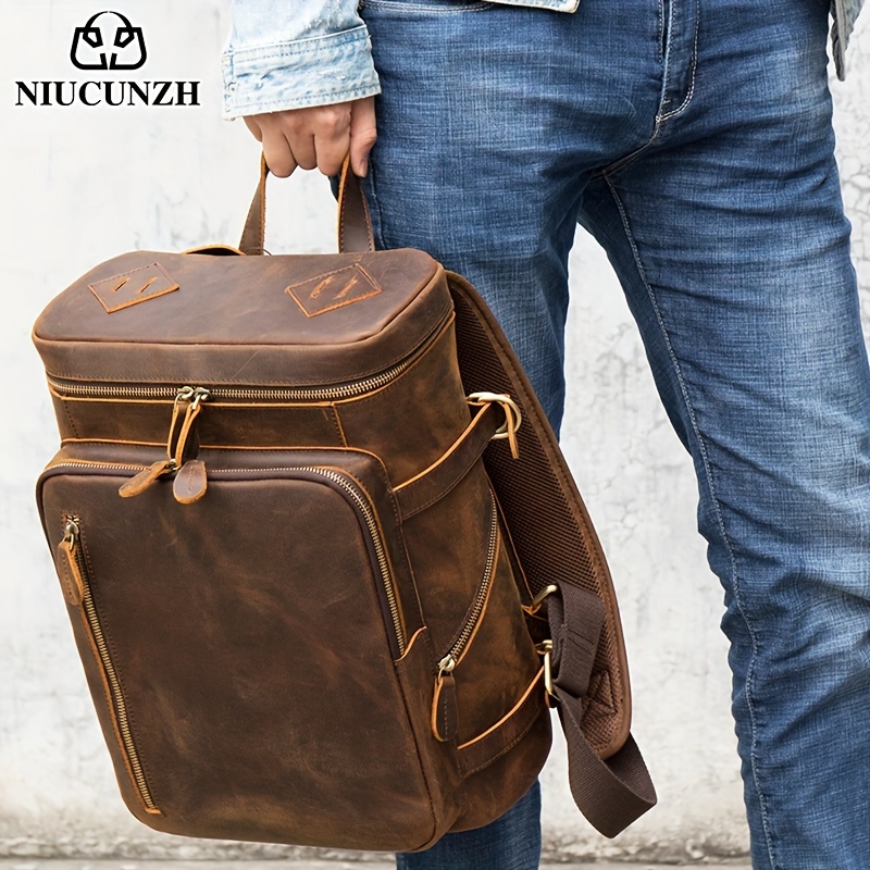 NIUCUNZH Men's Vintage Genuine Leather Backpack Outdoor Travel Backpack  Laptop Bag, Ideal choice for Gifts