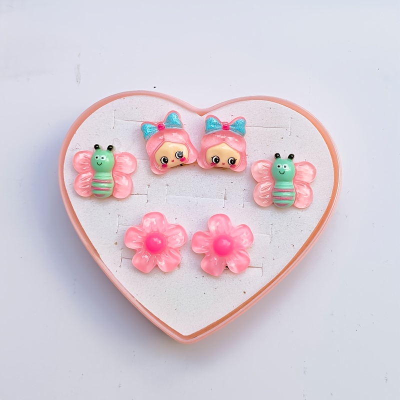 Image of 3 Pairs Kids Clip-on Earrings No Piercing Princess Earrings Pendant Heart Gift Box Set Girls Cute Clip-on Ear Jewelry