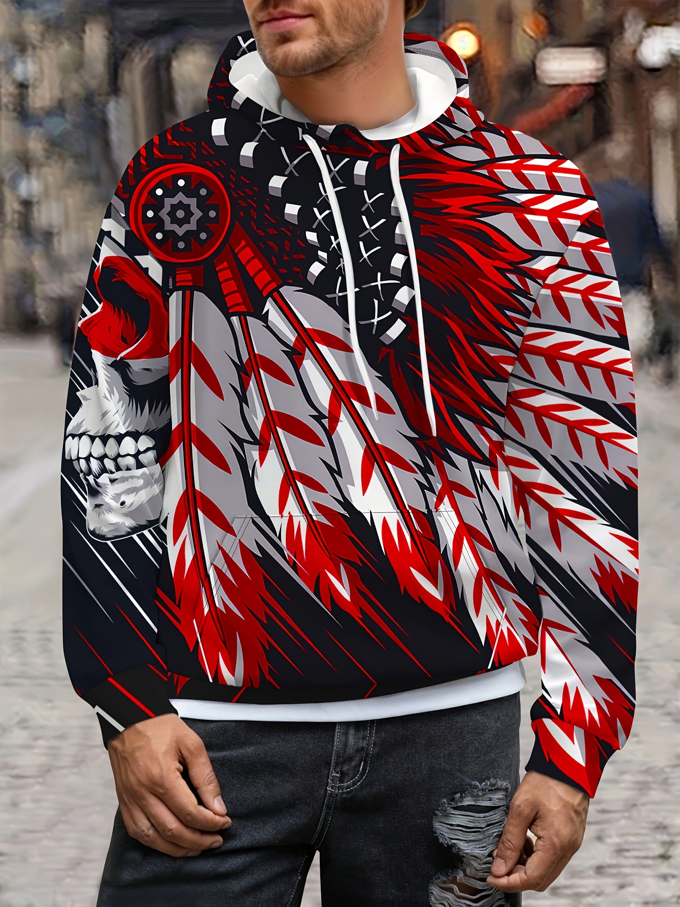 Indian Tribal Feather 3D Print Men s Novelty Long Sleeve Hooded Sweatshirt With Drawstring And Kangaroo Pocket Fall Winter