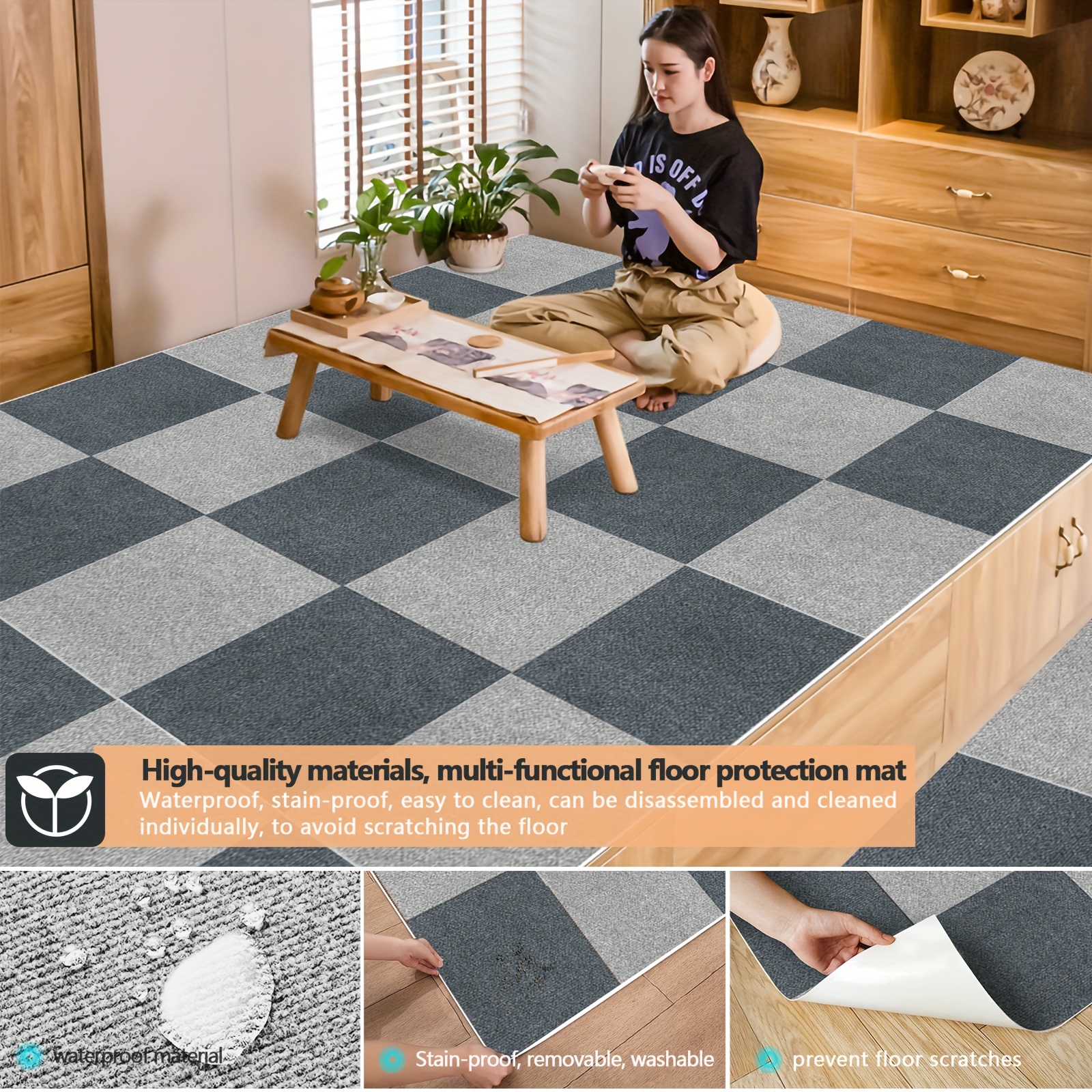 6/20pcs Anti-slip Office Floor Tile Carpet Sticker, Stain Resistant  Self-adhesive Square Carpet Sticker, Machine Washable DIY Square Rug, Home  Decor