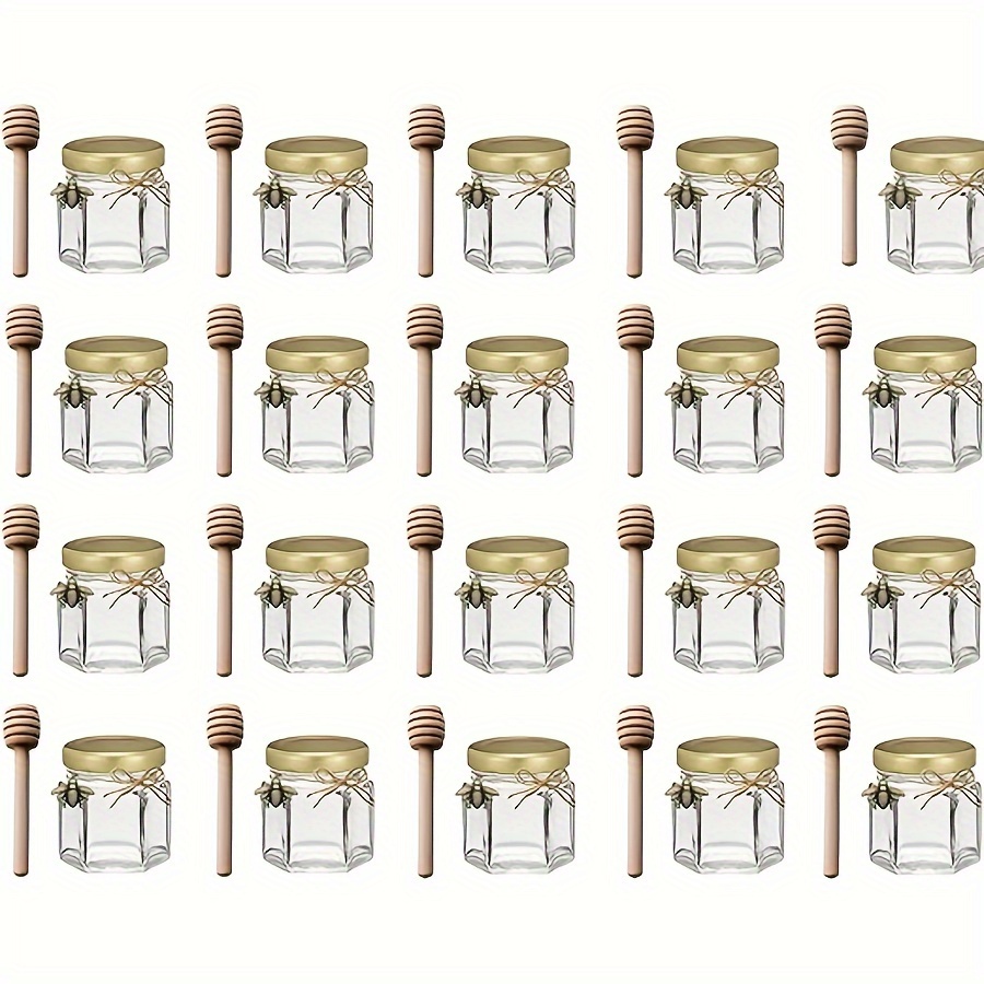 

20/30pcs Mini Honey Jars, Hexagon Little Glass Honey Jar, Glass Honey Jars With Golden Lids, Wooden Dippers, Bee Charms And Jutes, Small Honey Jars, Useful Tool, Kitchen Stuff