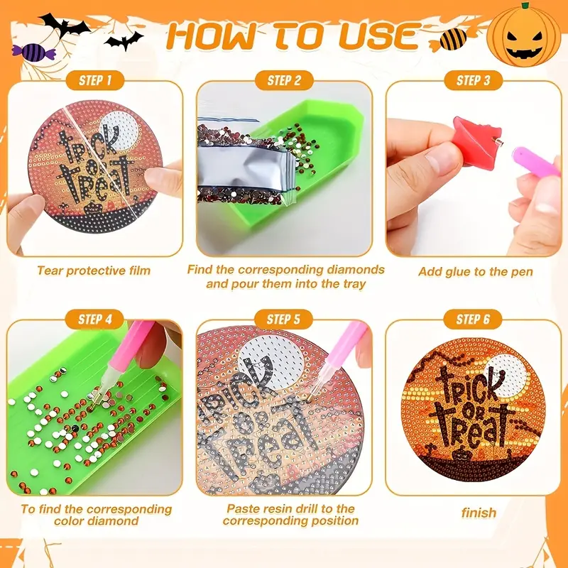 8pcs Halloween Horror Cartoon Pattern Diamond Painting Coaster Kit, DIY  Round Coaster, Handmade Artwork, Diamond Art Kit, Holiday Gift Home Kitchen  Or