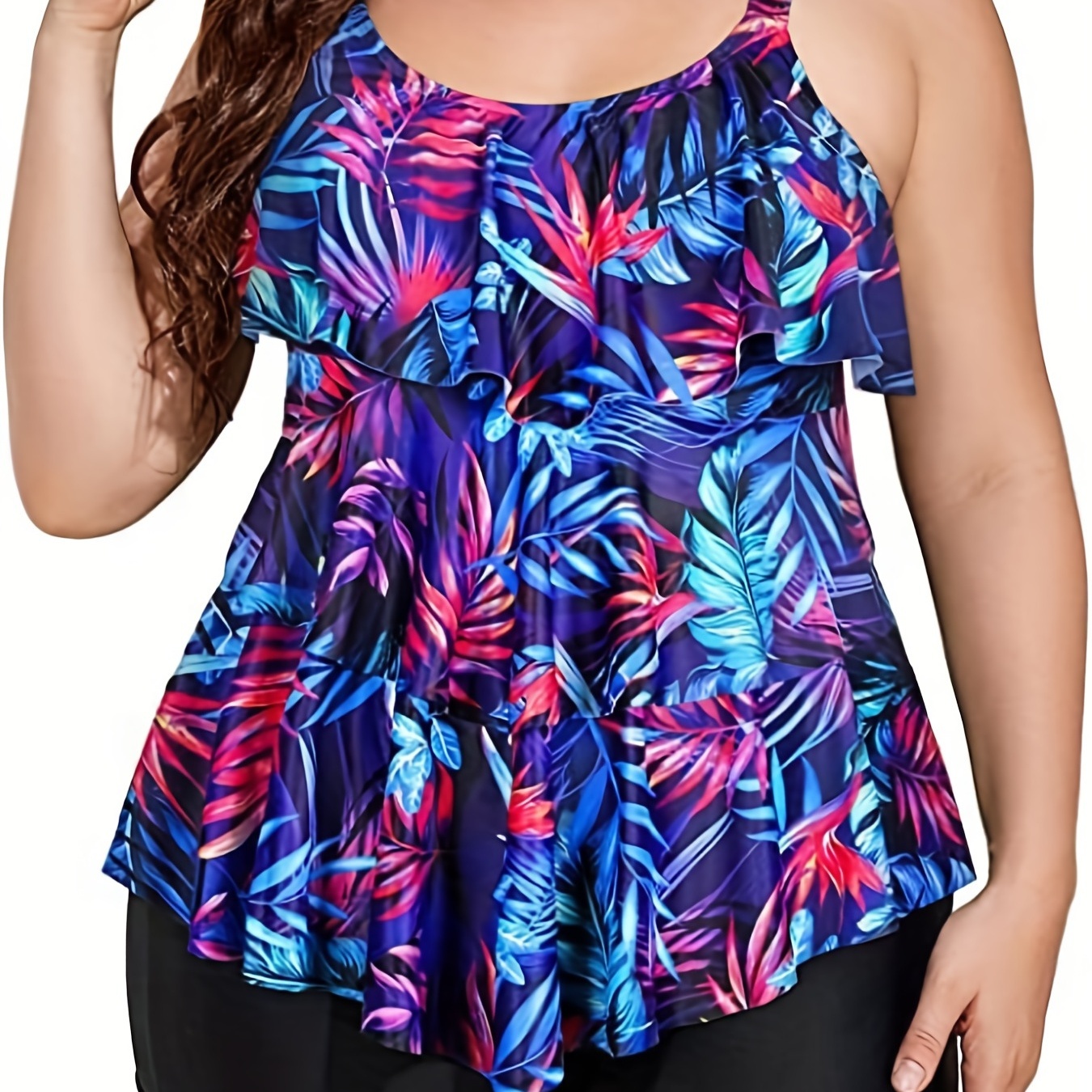 

Plus Size Vacay Swimsuit Set, Women's Plus Floral Print Layered High Stretch Cami Top & Solid Shorts Swimsuit 2 Piece Set
