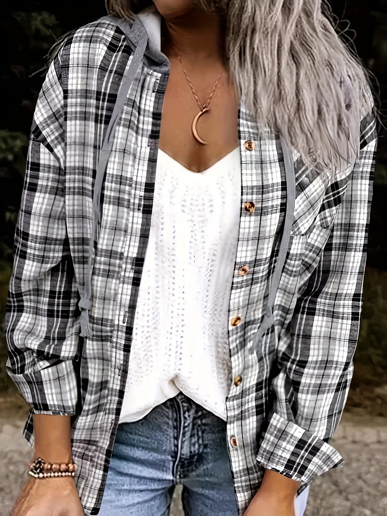 Hooded Plaid Print Blouse Casual Button Front Drawstring - Temu