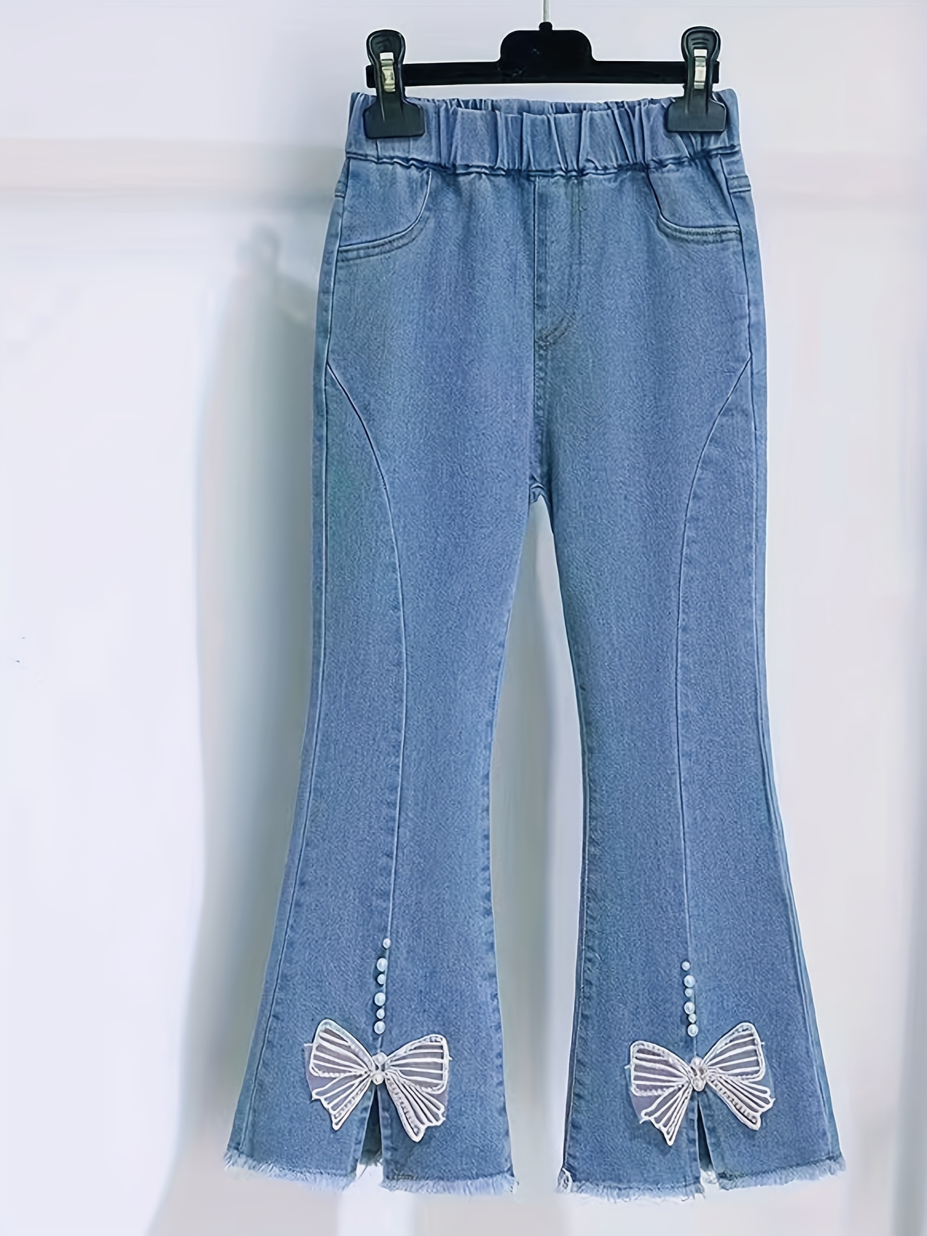 Kids Girls Casual Jeans Long Bell-Bottom Pants Lace Hem Denim