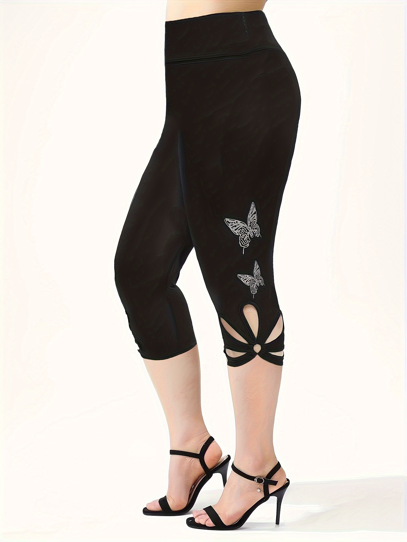 Rhinestone Butterfly Pattern Leggings High Waist Skinny Pants Breathable  Women's