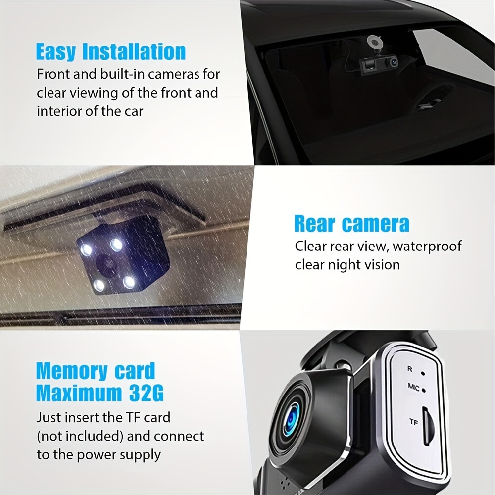 3 Channel Dash Cam Front And Rear Inside, 1080p Car Dvr Camera Video  Recorder G-sensor Night Vision/parking Monitor/accident Lock/loop Recording  - Temu